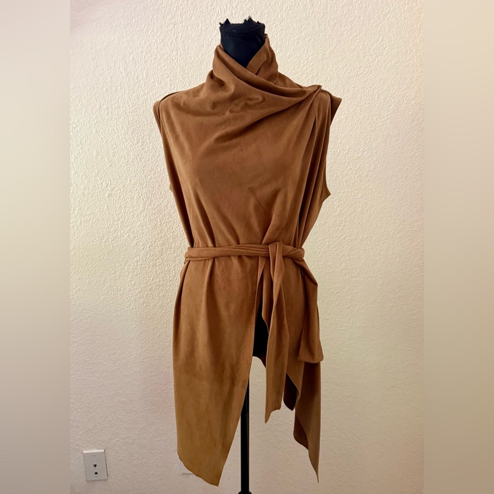 Ruti Montana Faux Suede Tan Brown Wrap Tie Vest Top High Neck Size S/M LIKE NEW